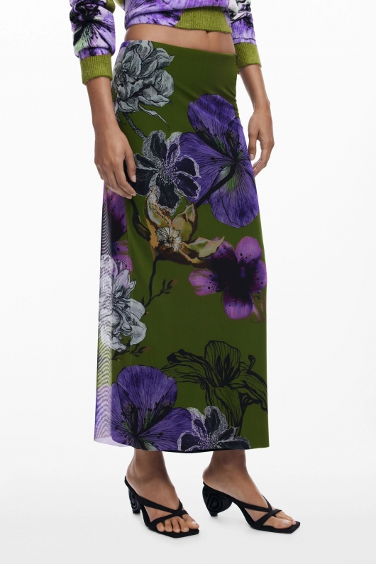 Fustă creion midi verde din tulle floral