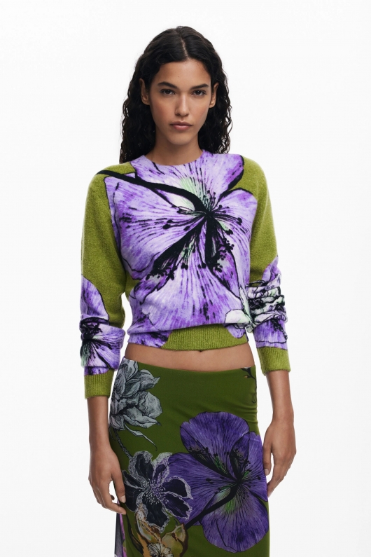 Fustă creion midi verde din tulle floral