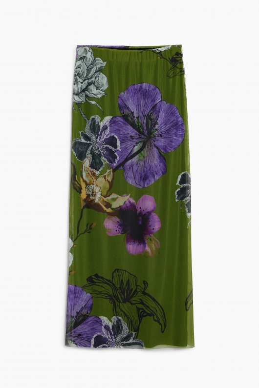 Fustă creion midi verde din tulle floral