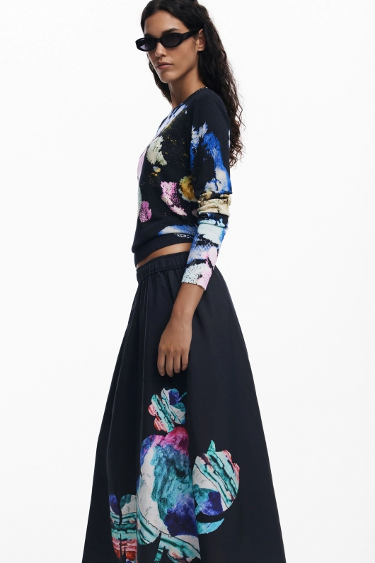 Fustă midi evazată cu imprimeu floral multicolor