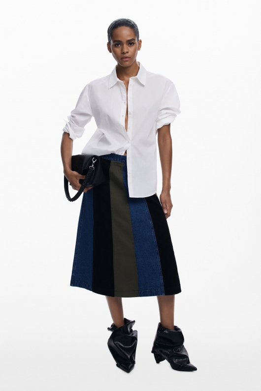 Fustă midi A-line patchwork cu betelie denim