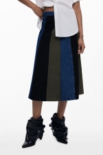 Fustă midi A-line patchwork cu betelie denim
