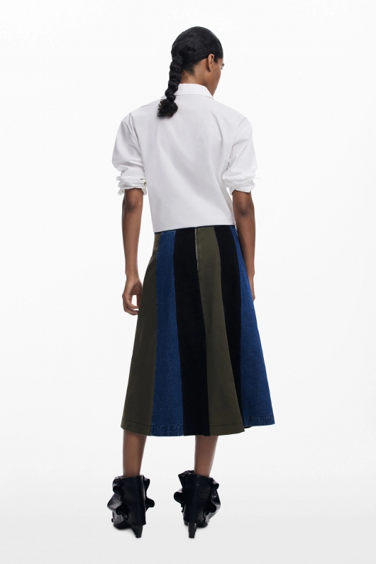 Fustă midi A-line patchwork cu betelie denim