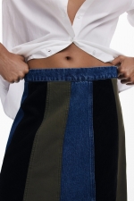 Fustă midi A-line patchwork cu betelie denim