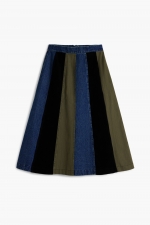 Fustă midi A-line patchwork cu betelie denim