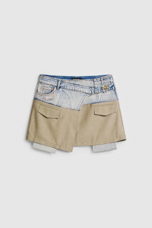 Fustă mini dreaptă din denim multicolor cu curea