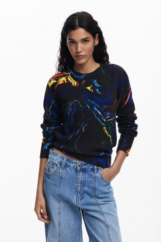 Pulover multicolor cu efect marmorant regular