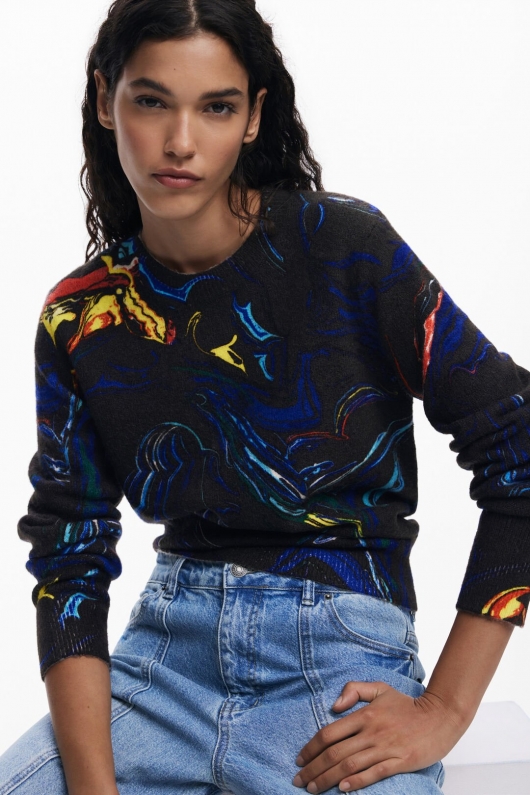 Pulover multicolor cu efect marmorant regular