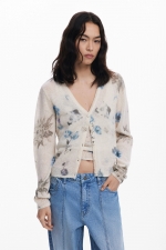 Set tricot floral: cardigan scurt și top bej