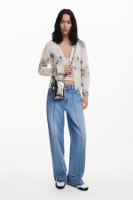 Set tricot floral: cardigan scurt și top bej