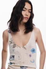 Set tricot floral: cardigan scurt și top bej