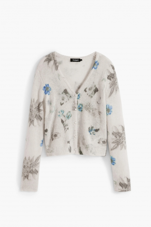 Set tricot floral: cardigan scurt și top bej