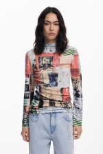 Bluză tricot fin cu print colaj vintage