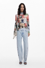 Bluză tricot fin cu print colaj vintage