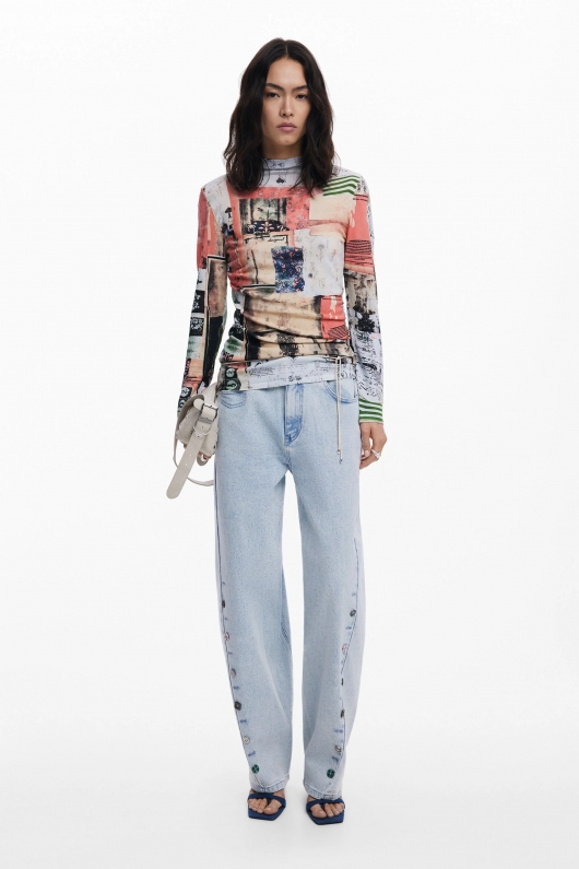 Bluză tricot fin cu print colaj vintage