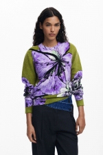 Pulover verde cu print floral multicolor