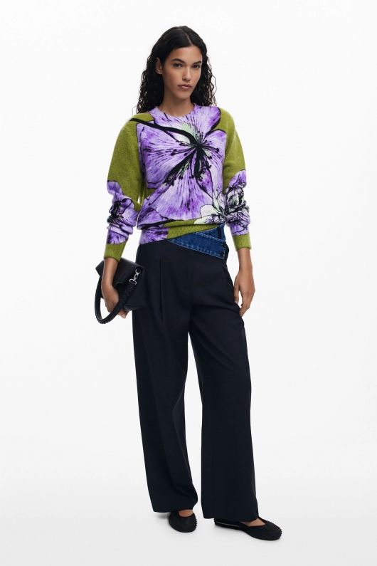 Pulover verde cu print floral multicolor