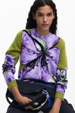 Pulover verde cu print floral multicolor