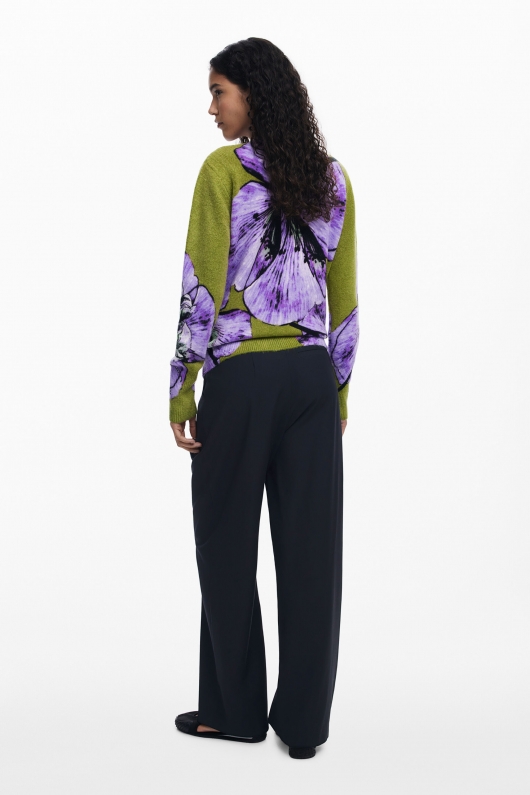Pulover verde cu print floral multicolor