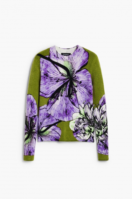 Pulover verde cu print floral multicolor