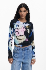 Pulover negru cu imprimeu floral și mâneci lungi