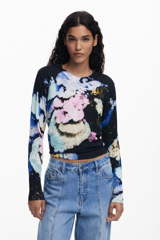 Pulover negru cu imprimeu floral și mâneci lungi