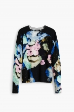 Pulover negru cu imprimeu floral și mâneci lungi