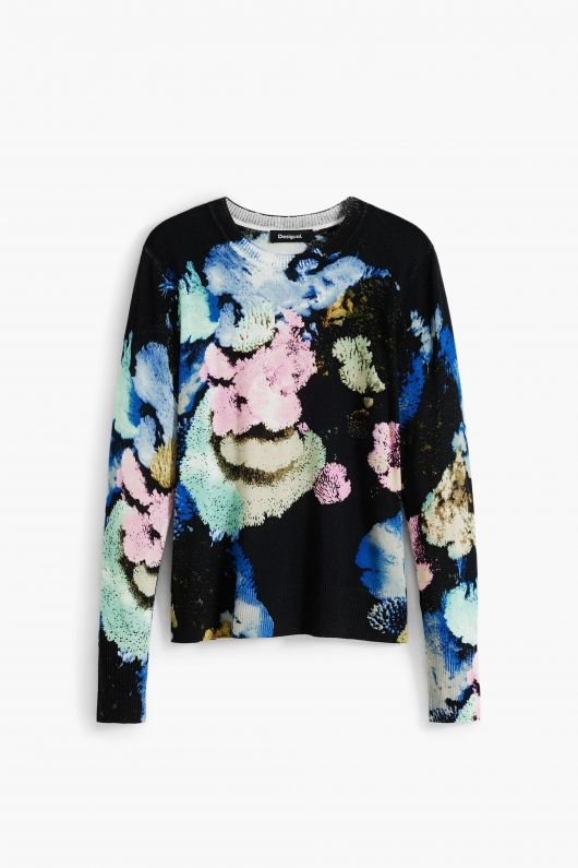 Pulover negru cu imprimeu floral și mâneci lungi