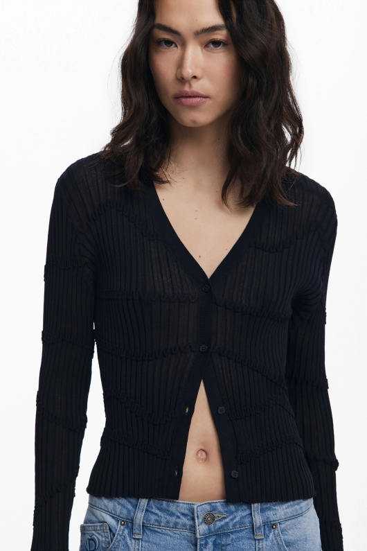 Bluză cardigan neagră cu textură 3D și nasturi