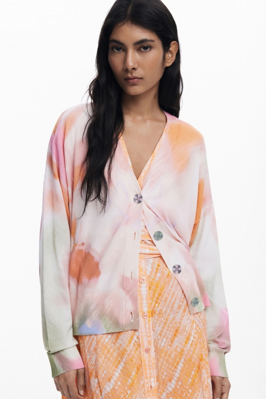 Cardigan multicolor tie-dye floral cu nasturi