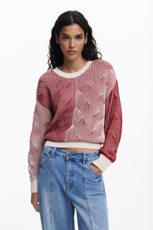 Pulover tricot bicolor cu imprimeu embosat