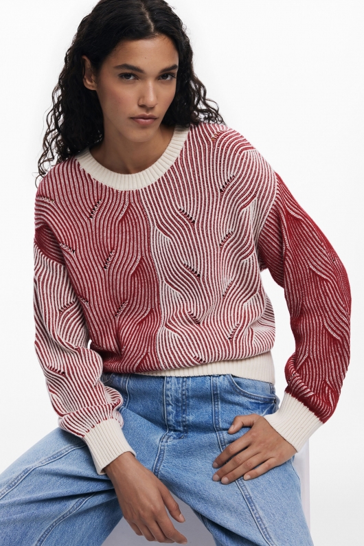 Pulover tricot bicolor cu imprimeu embosat