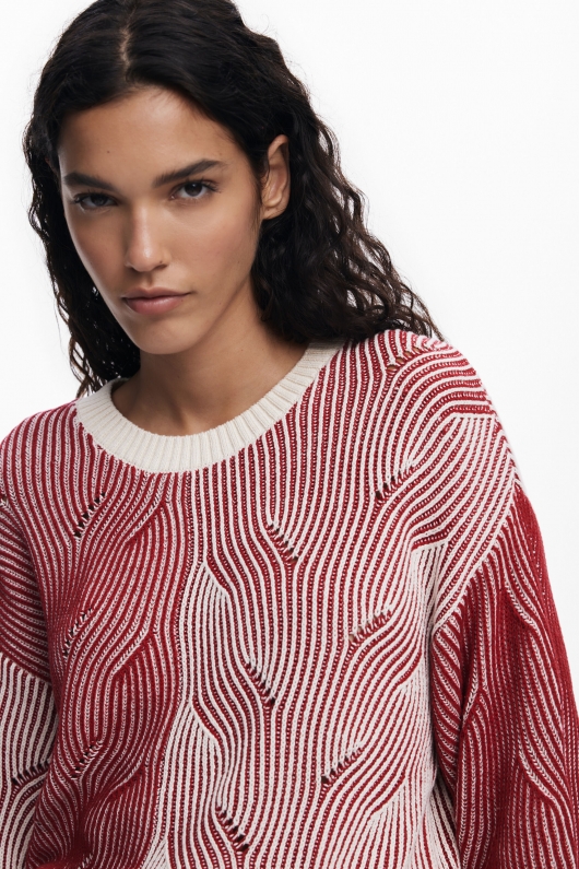 Pulover tricot bicolor cu imprimeu embosat