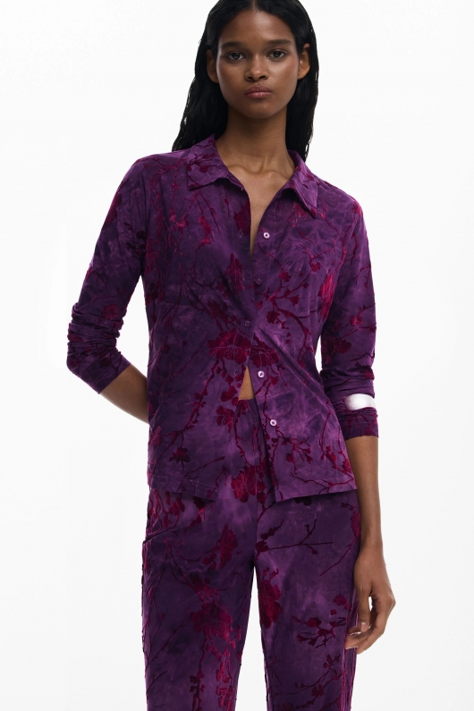 Pantaloni mov texturati cu print floral flare