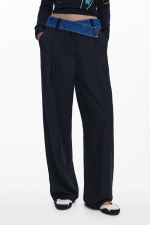 Pantaloni negri drepti cu betelie denim asimetrică