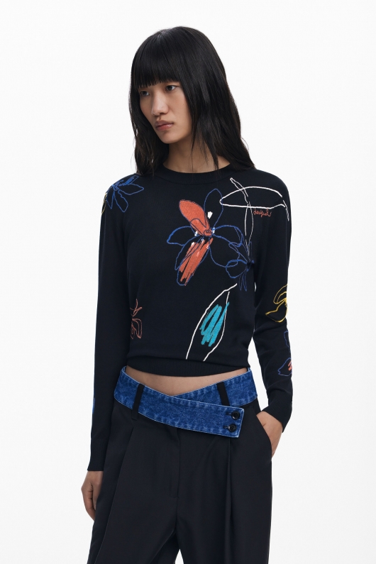 Pantaloni negri drepti cu betelie denim asimetrică