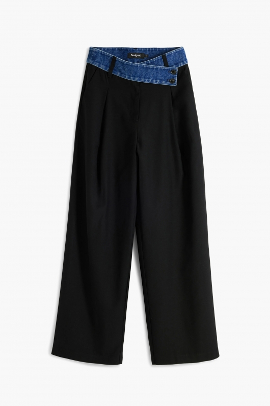 Pantaloni negri drepti cu betelie denim asimetrică