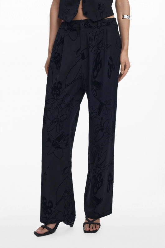 Pantaloni negri drepti cu model floral catifelat