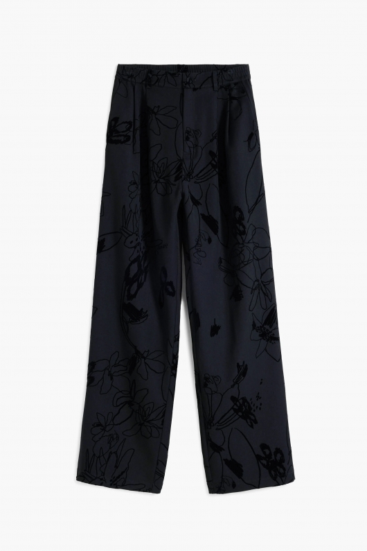 Pantaloni negri drepti cu model floral catifelat
