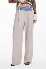 Pantaloni bej drepți cu betelie denim contrastantă