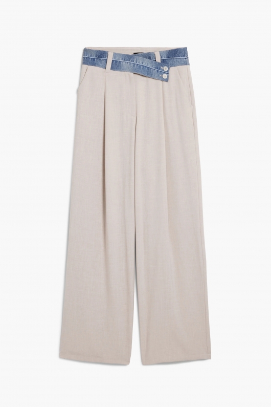 Pantaloni bej drepți cu betelie denim contrastantă