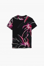 Tricou negru reiat cu print floral abstract