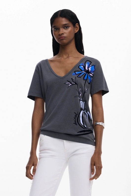Tricou gri melanj cu decolteu V și print floral