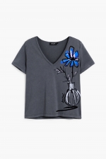 Tricou gri melanj cu decolteu V și print floral