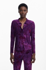 Cămașă mov cu print floral, mâneci lungi