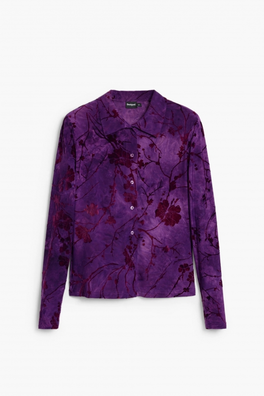 Cămașă mov cu print floral, mâneci lungi