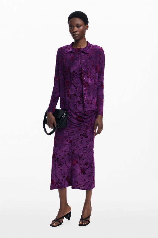 Cămașă mov cu print floral, mâneci lungi