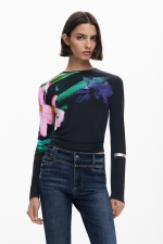 Bluză bleumarine cu print floral acuarelă long-sleeve