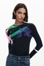 Bluză bleumarine cu print floral acuarelă long-sleeve