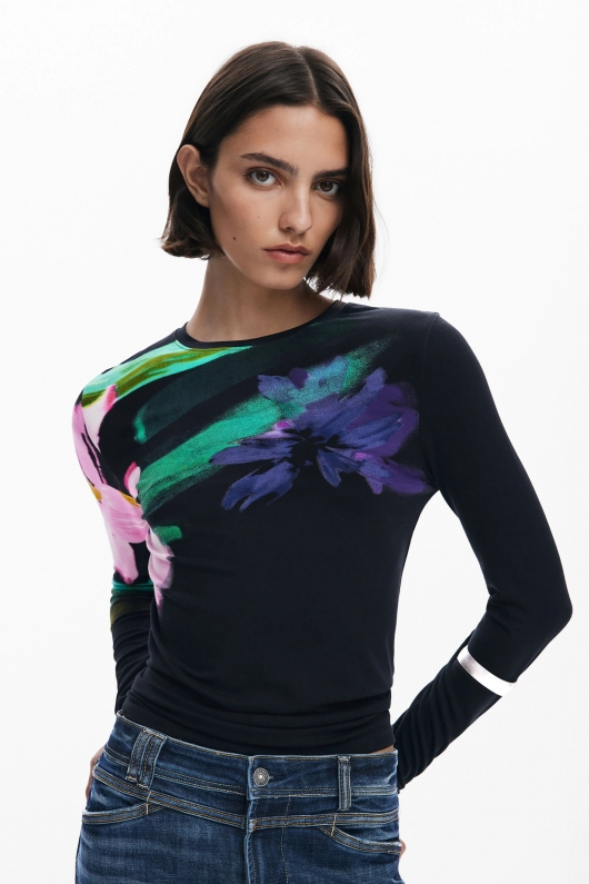 Bluză bleumarine cu print floral acuarelă long-sleeve